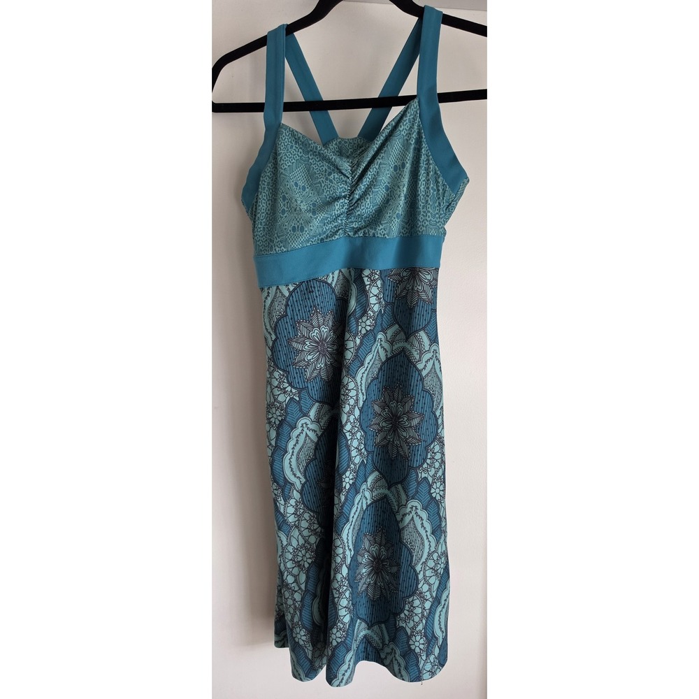 prAna Sleeveless Mini Dress Blue Teal Floral Geometric Casual Sundress